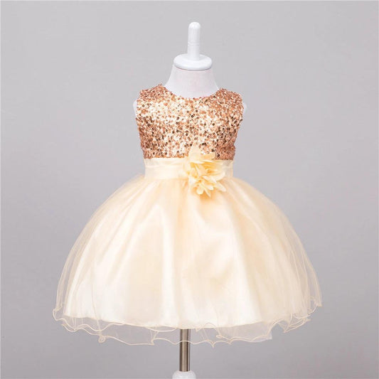 Baby sequin dress by MANDOTOS with flower girl design, perfect for wedding princess attire, featuring a sparkly, elegant look.
