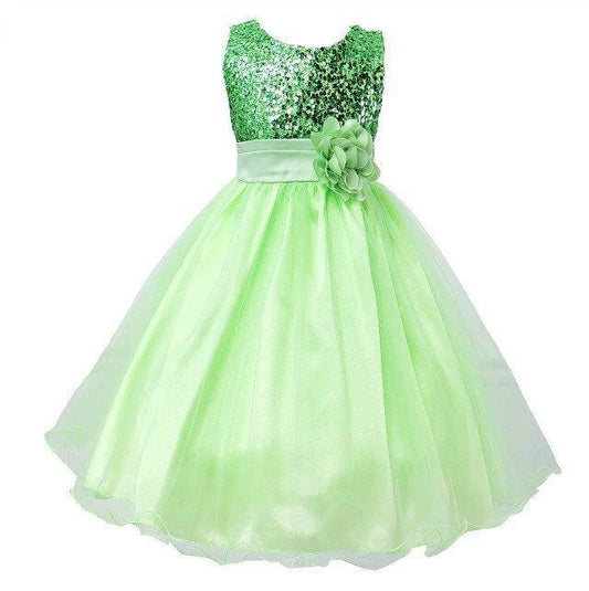 Baby sequin dress by MANDOTOS featuring floral details, perfect for flower girl or princess wedding attire.