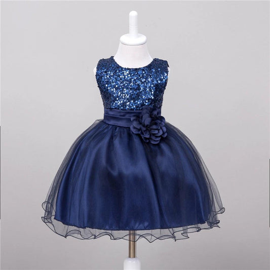 Baby sequin dress by MANDOTOS, flower girl wedding princess dress with floral details and sparkling sequins for special occasions.