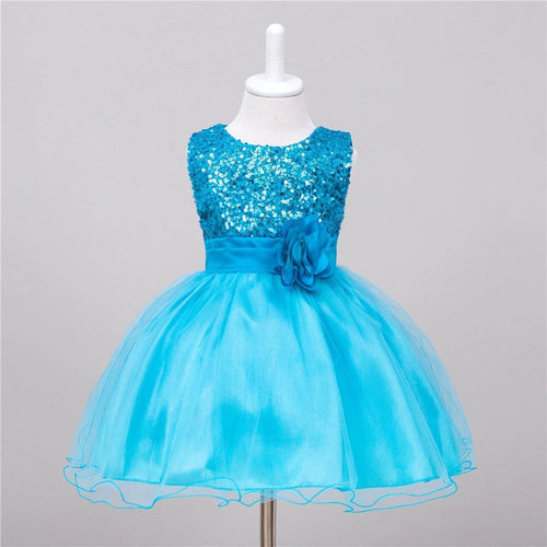 Baby girl sequin dress by MANDOTOS, floral design, perfect for weddings, princess-style flower girl dress, front view.