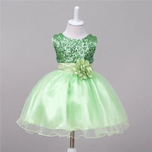 Baby girl sequin dress by MANDOTOS, flower girl wedding princess dress with floral details and sparkling embellishments.