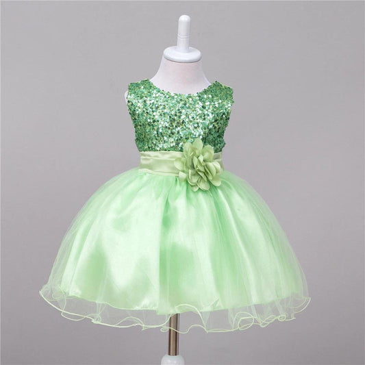 Baby girl sequin dress by MANDOTOS, flower girl wedding princess dress with floral details and sparkling embellishments.