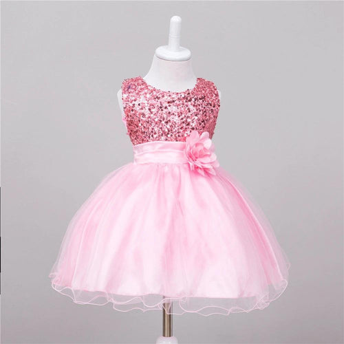 Baby sequin dress by MANDOTOS featuring flower girl or princess style, with shimmering sequins and delicate design for special occasions.