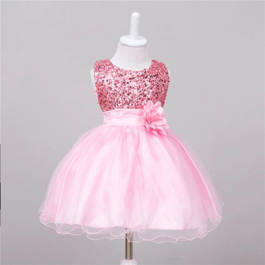 Baby sequin dress by MANDOTOS featuring flower girl or princess style, with shimmering sequins and delicate design for special occasions.