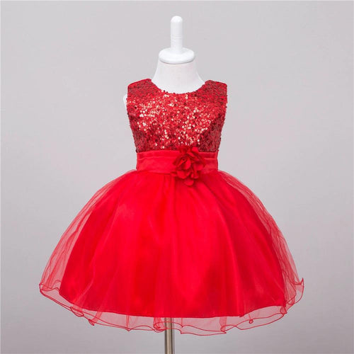 Baby sequin dress by MANDOTOS, flower girl wedding princess dress with floral details and shiny sequin embellishments.