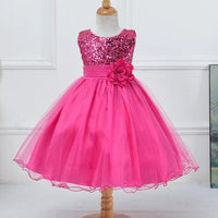 Baby girl sequin dress by MANDOTOS, flower girl wedding princess dress with floral accents and elegant design.
