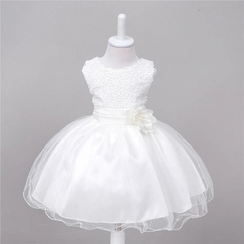 Baby sequin dress by MANDOTOS featuring floral embellishments, perfect for flower girl or princess wedding attire.