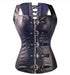 Black steampunk faux leather overbust corset by MANDOTOS, featuring metal accents and detailed lacing, designed for a stylish, edgy look.