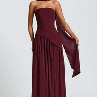 Cherry Lacquer Maliyah Maxi Dress by Mandotos featuring a chiffon skirt and matching scarf, displayed on a hanger.