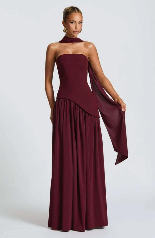 Cherry Lacquer Maliyah Maxi Dress by Mandotos featuring a chiffon skirt and matching scarf, displayed on a hanger.