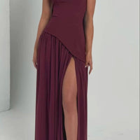 Mandotos Cherry Lacquer Maliyah Maxi Dress with chiffon skirt and matching scarf, elegant evening wear with vibrant cherry color.