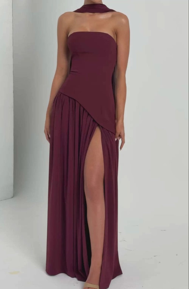Mandotos Cherry Lacquer Maliyah Maxi Dress with chiffon skirt and matching scarf, elegant evening wear with vibrant cherry color.
