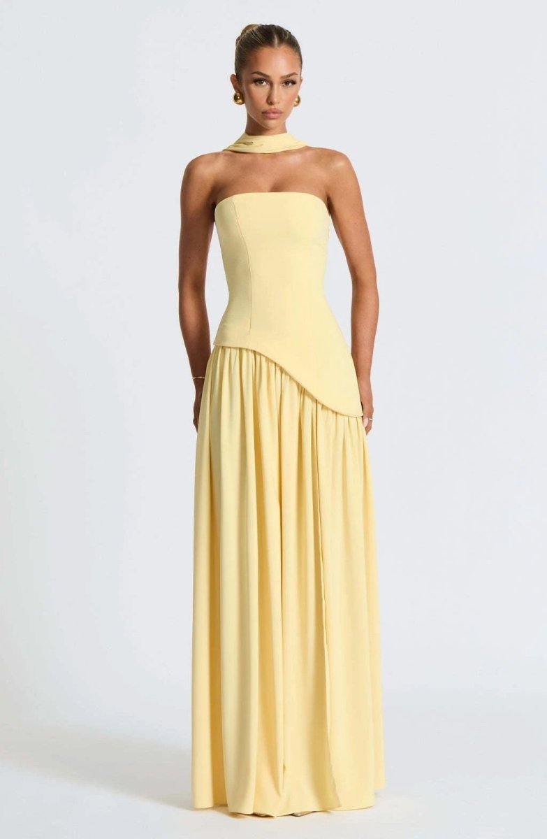 Mandotos Cherry Lacquer Maliyah Maxi Dress with chiffon skirt and matching scarf, shown on a model with elegant styling.