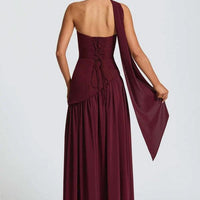 Mandotos Cherry Lacquer Maliyah Maxi Dress with chiffon skirt and matching scarf, featuring elegant design and vibrant color.