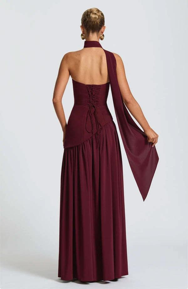 Mandotos Cherry Lacquer Maliyah Maxi Dress with chiffon skirt and matching scarf, featuring elegant design and vibrant color.