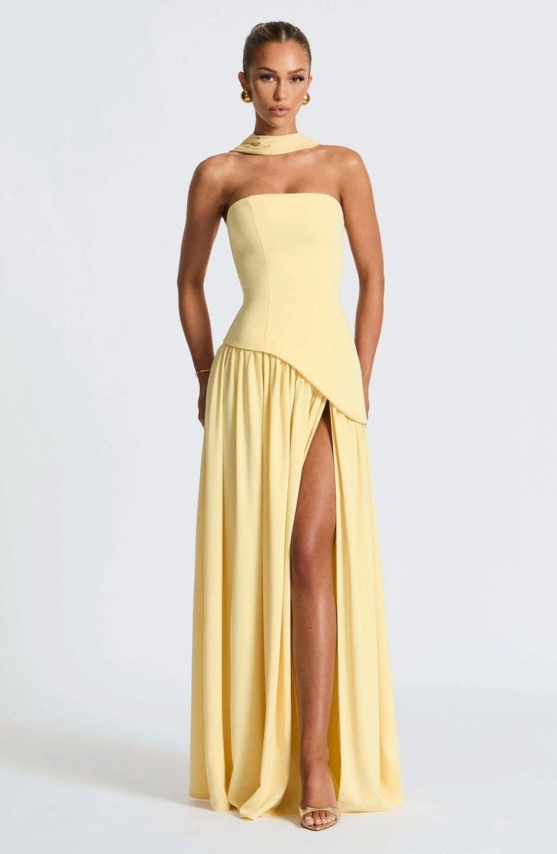 Cherry Lacquer Maliyah Maxi Dress by MANDOTOS featuring a chiffon skirt and matching scarf, showcased on a model.