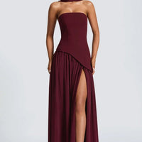 Mandotos Cherry Lacquer Maliyah Maxi Dress with chiffon skirt and matching scarf, elegant and flowing for special occasions.