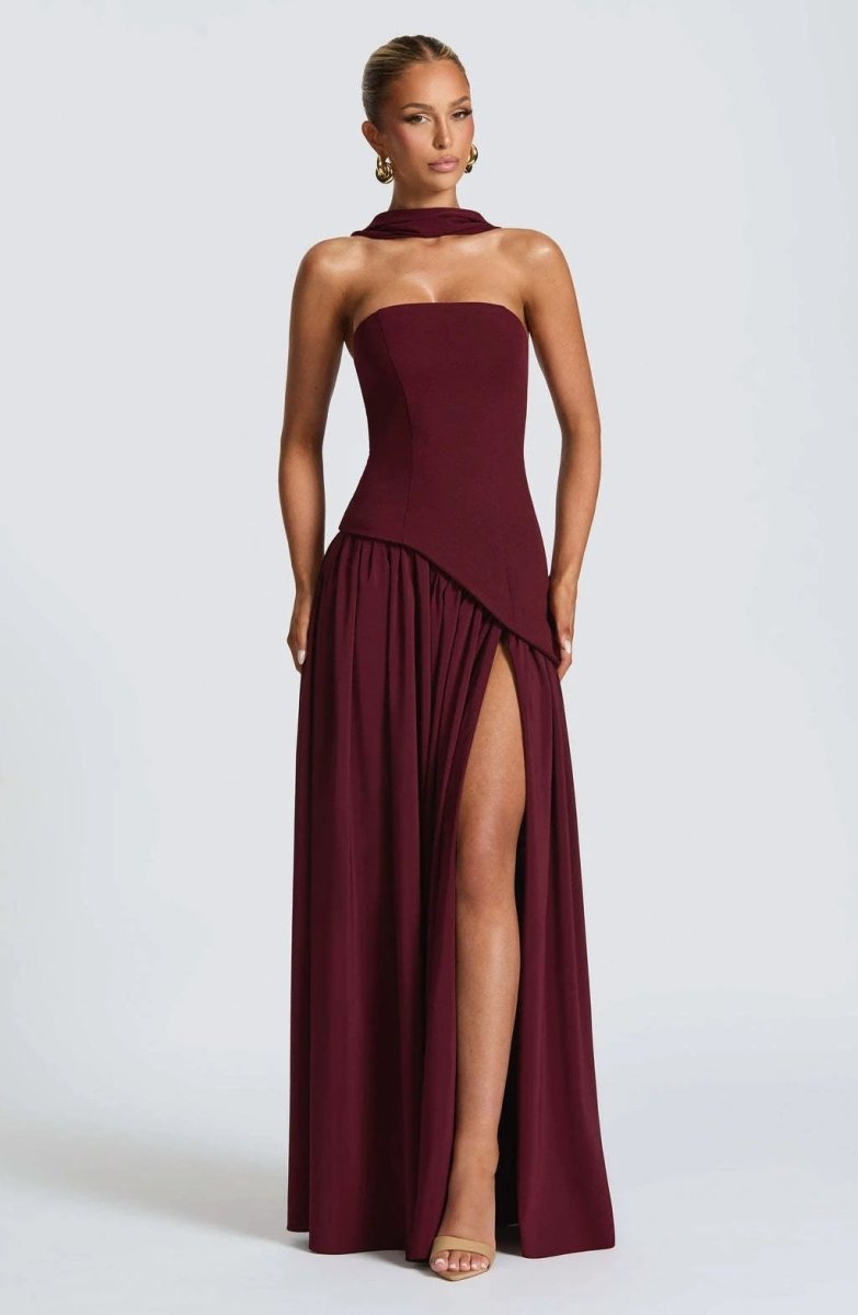 Mandotos Cherry Lacquer Maliyah Maxi Dress with chiffon skirt and matching scarf, elegant and flowing for special occasions.