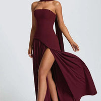Mandotos Cherry Lacquer Maliyah Maxi Dress with chiffon skirt and matching scarf, showcasing elegant flowy fabric and vibrant color.
