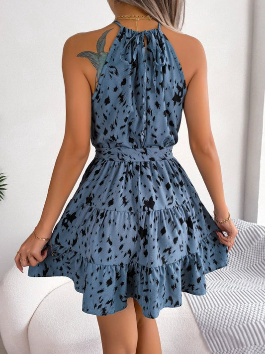 Mandotos women's chiffon leopard print ruffled swing dress in multiple colors, flowing fabric and stylish ruffle details.
