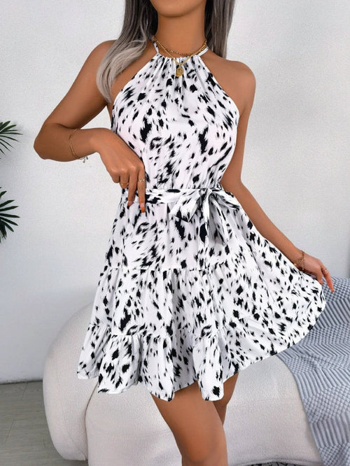 Mandotos chiffon leopard print ruffled swing dress for women, featuring multiple color options and lightweight, flowing fabric.