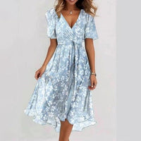 Mandotos chiffon printed short sleeve summer dress with V-neck, elegant design, perfect for women's casual and summer wear.