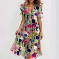 Mandotos chiffon printed short sleeve summer dress with V-neck, lightweight elegant women's clothing for warm weather.