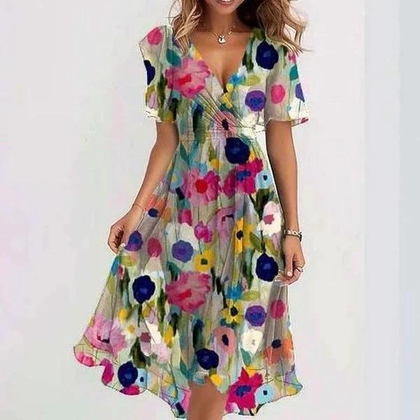 Mandotos chiffon printed short sleeve summer dress with V-neck, lightweight elegant women's clothing for warm weather.