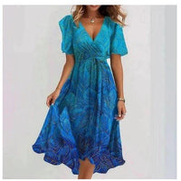 Mandotos chiffon printed short sleeve summer dress with V-neck, elegant and lightweight for women's casual and dressy occasions.