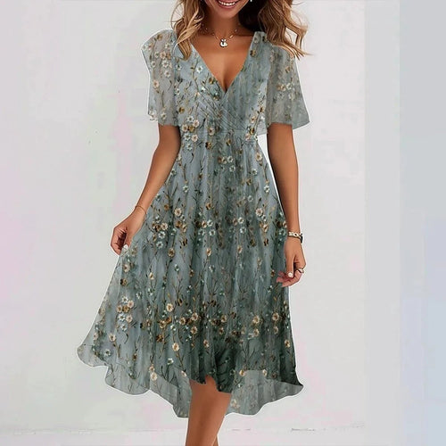 Mandotos chiffon printed short sleeve summer dress with V-neck, elegant and lightweight for women's casual and dressy occasions.