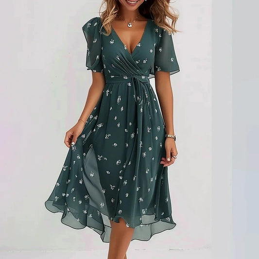 Mandotos chiffon printed short sleeve summer dress with V-neck, elegant style for women, lightweight and stylish women's clothing.