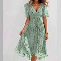 Elegant MANDOTOS chiffon printed short sleeve summer dress with V-neck, perfect for women's casual and summer occasions.