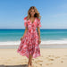 Mandotos chiffon printed short sleeve summer dress with V-neck, elegant design, perfect for women's casual and semi-formal wear.