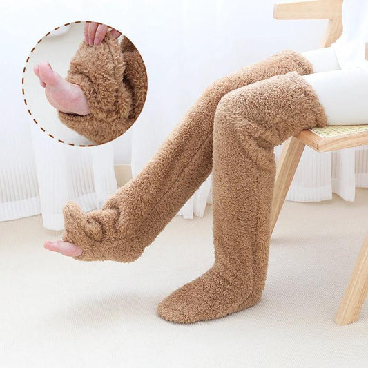 Mandotos cozy winter knee-high fuzzy socks, soft and warm for cold-proof comfort, perfect for chilly days.