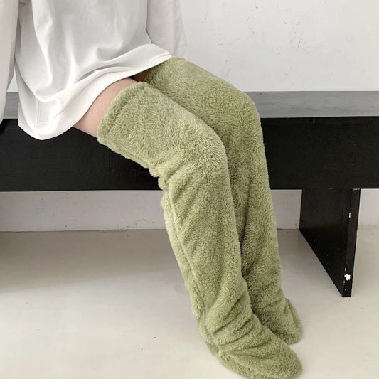 Mandotos cozy winter knee-high fuzzy socks designed for warmth and comfort during cold weather.