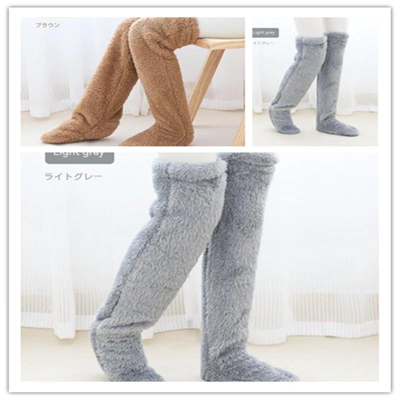 Mandotos cozy winter knee-high fuzzy socks designed for cold-proof comfort, featuring soft, plush material for warmth.