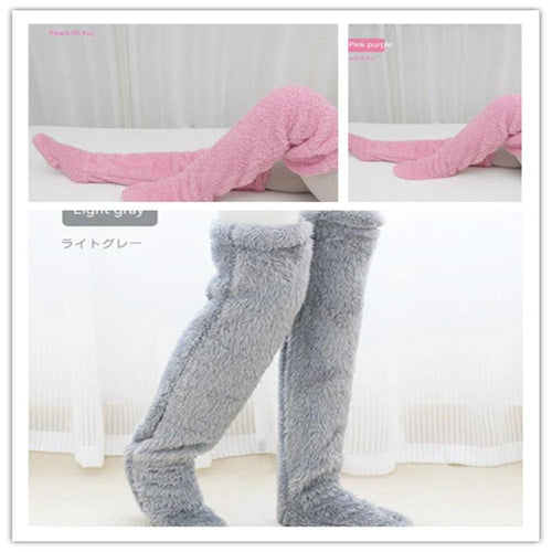 Mandotos cozy winter knee-high fuzzy socks, soft and warm for cold-proof comfort, ideal for chilly weather.