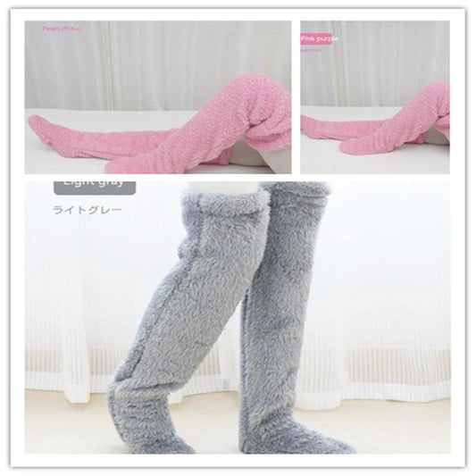 Mandotos cozy winter knee-high fuzzy socks, soft and warm for cold-proof comfort, ideal for chilly weather.