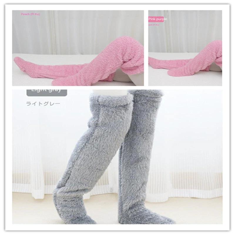 Mandotos cozy winter knee-high fuzzy socks, soft and warm for cold-proof comfort, ideal for chilly weather.
