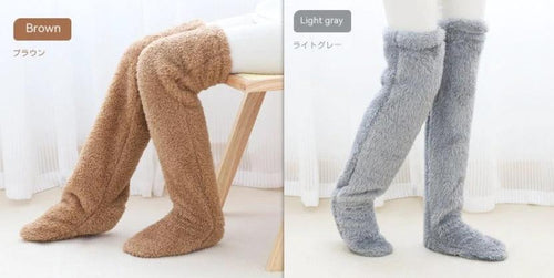 Mandotos cozy winter knee-high fuzzy socks for cold-proof comfort, soft and warm for winter wear.