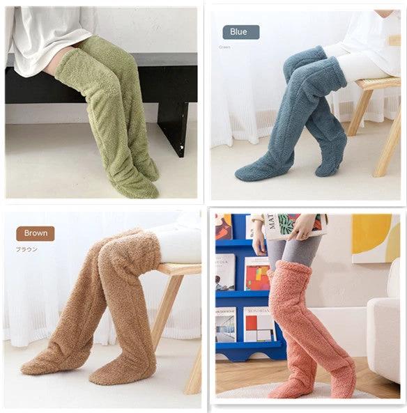 Mandotos cozy winter knee-high fuzzy socks, soft and warm for cold-proof comfort, with a plush texture and snug fit.