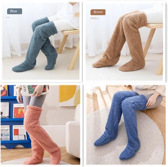 Mandotos cozy winter knee-high fuzzy socks with soft texture, ideal for cold-proof comfort and warmth during cold weather.