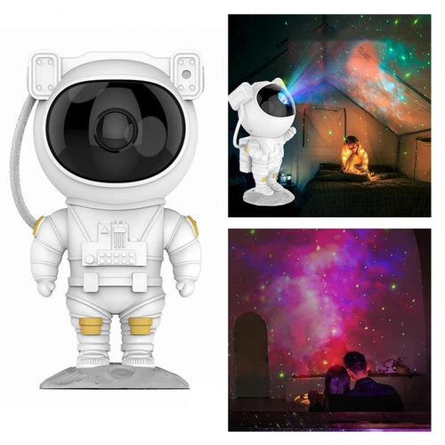 Mandotos creative astronaut galaxy starry sky projector nightlight illuminating a bedroom with USB-powered atmospheric lighting.