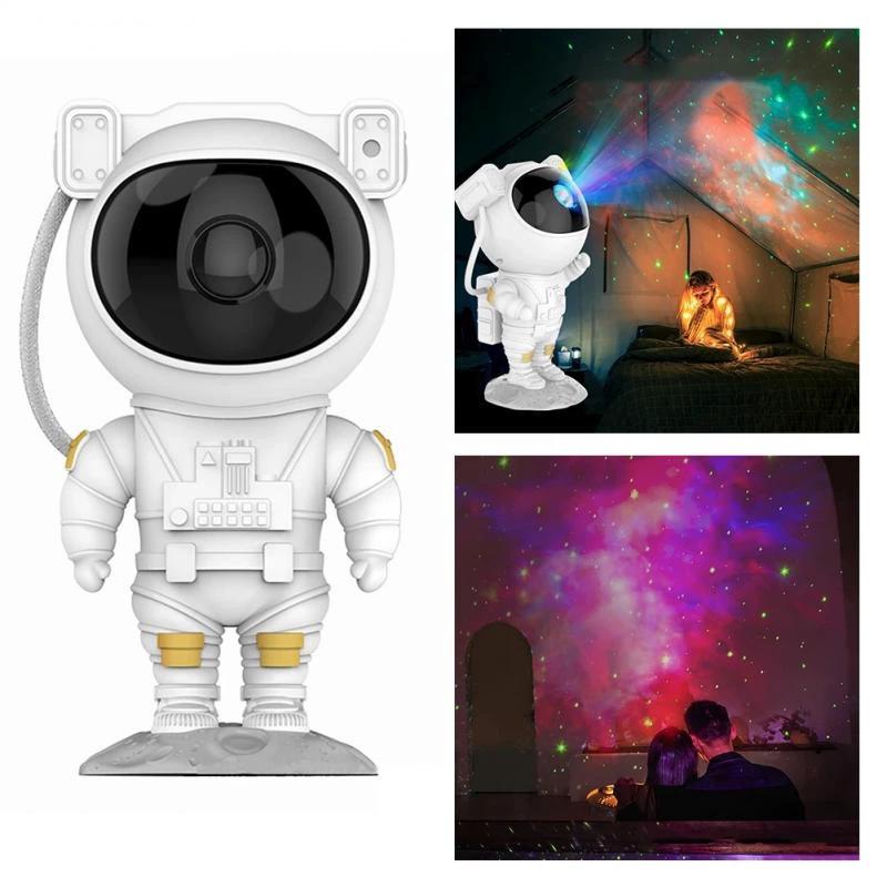 Mandotos creative astronaut galaxy starry sky projector nightlight illuminating a bedroom with USB-powered atmospheric lighting.
