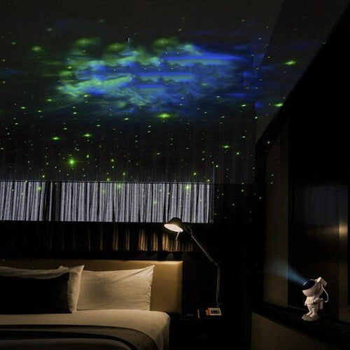 Mandotos creative astronaut galaxy starry sky projector nightlight USB bedroom table lamp displaying colorful galaxy and star patterns.