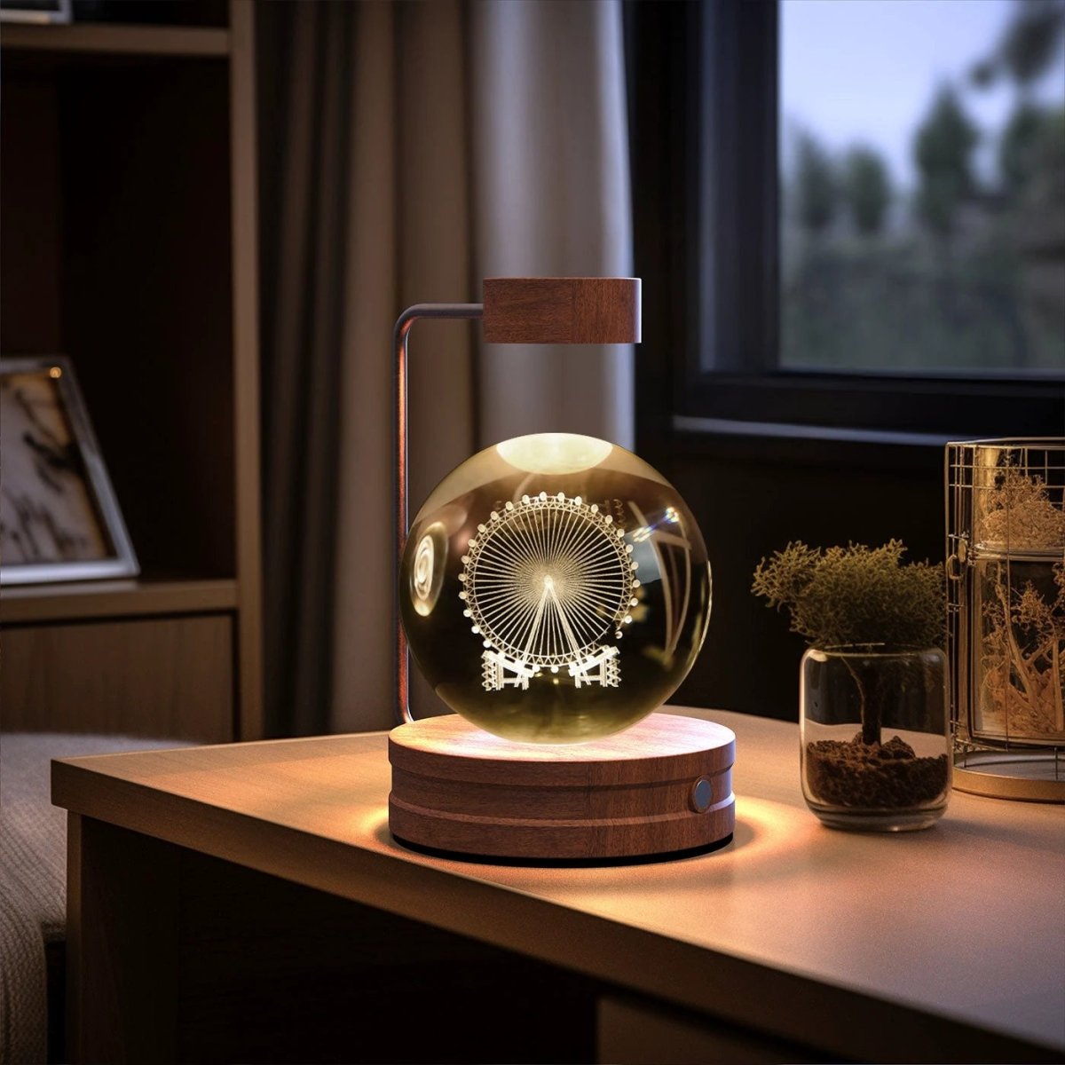 Mandotos cosmic dinosaur crystal ball night light with USB power, warm glow, ideal as a bedside or birthday gift indoor lamp.