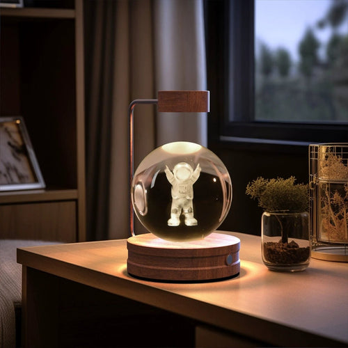 Mandotos crystal ball cosmic dinosaur indoor night light with USB power, warm glow, ideal for bedside or birthday gift.