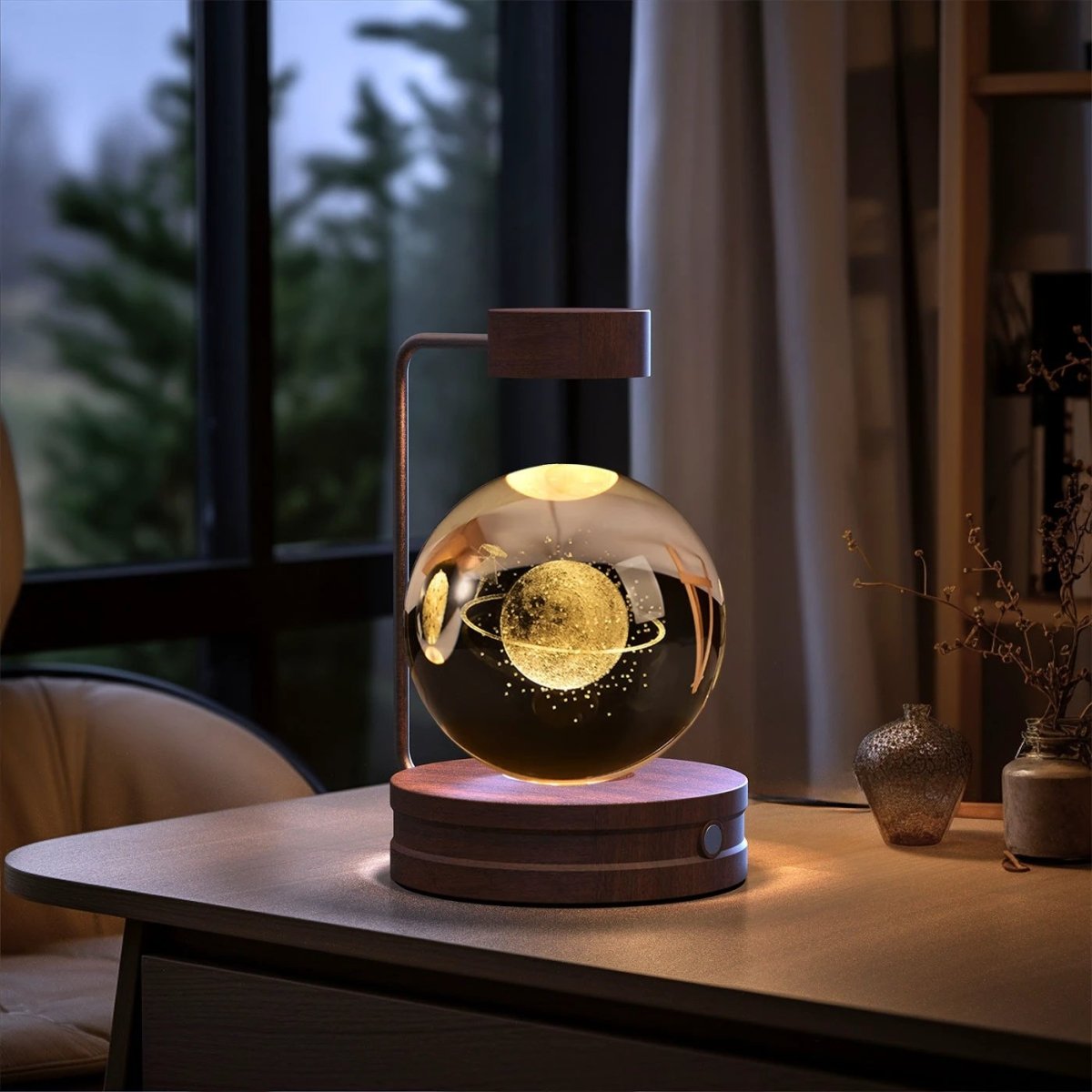 Mandotos cosmic dinosaur crystal ball night light with warm LED glow, USB power, ideal as a bedside or birthday gift.