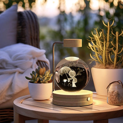 Mandotos cosmic dinosaur crystal ball indoor night light with USB power, warm glow, ideal for bedside or birthday gift.