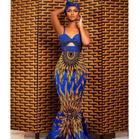 Mandotos digital print fishtail dress featuring vibrant patterns and a fitted silhouette, perfect for stylish occasions.
